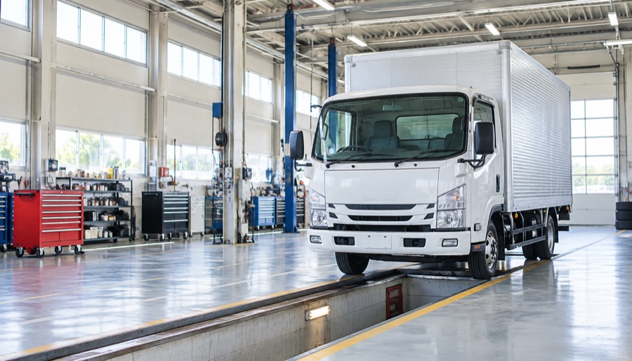 運送会社の自社整備工場に入庫した中型トラック